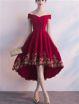 Picture of Red Color High Low Party Dresses with Gold Applique, Stylish Formal Dresses, Cute Party Dresses